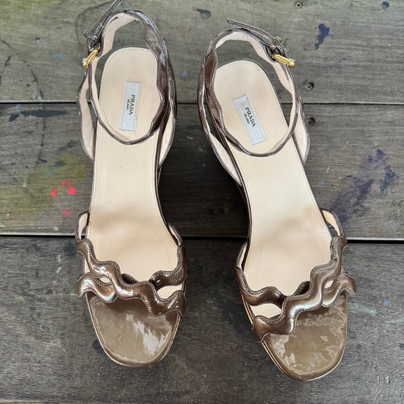 Prada Metallic Bronze Wavy Strap Heels